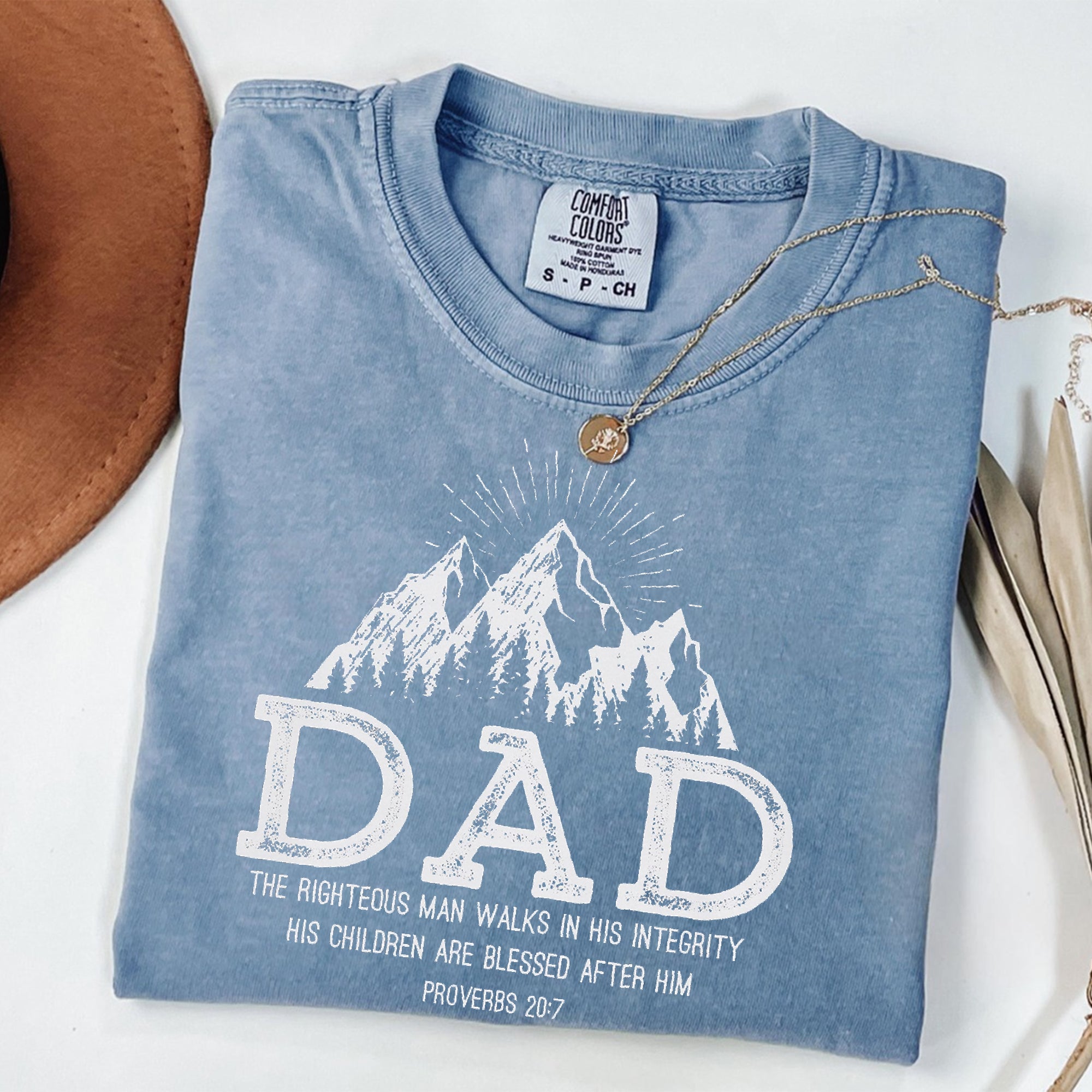 Christian Dad Comfort Colors Shirt, Christian Father’s Day Gift, Proverbs 20:7 Shirt for Dad, Mountain Shirt, Dad Birthday Gift